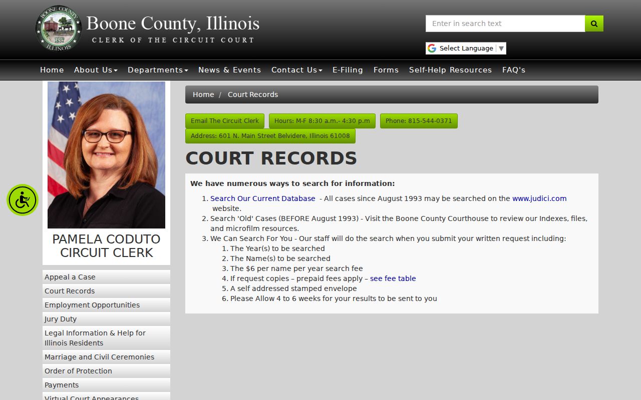 Boone Circuit Clerk page explaining older court records for previous Belvidere residents