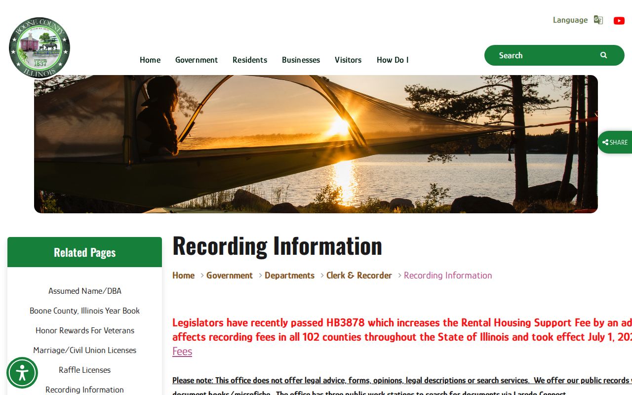 Boone County Recorder recording information page for Belvidere deed research